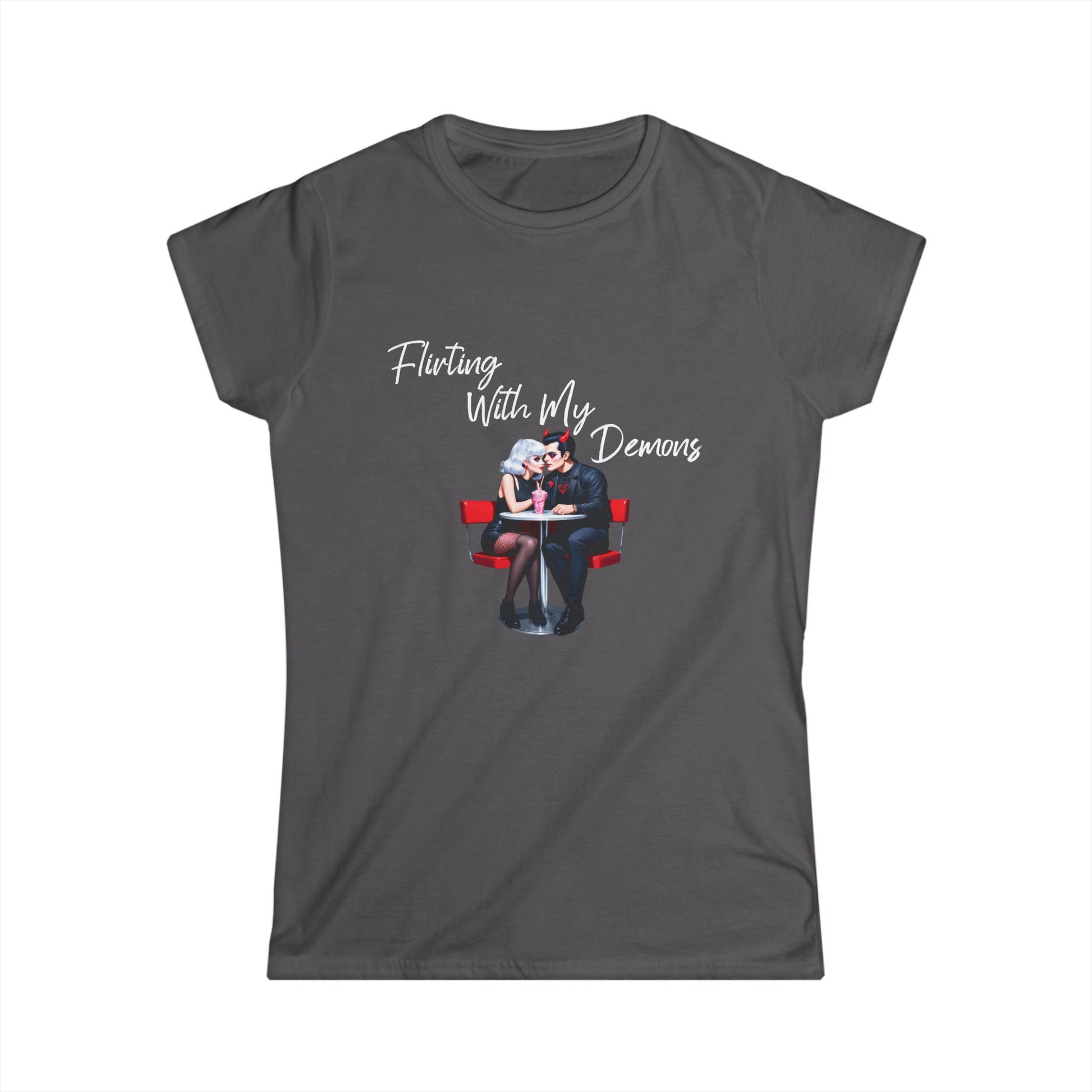 Dark gray t-shirt with graphic design and text on a white background