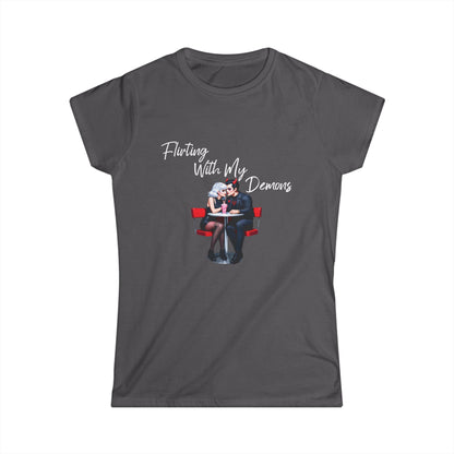 Dark gray t-shirt with graphic design and text on a white background