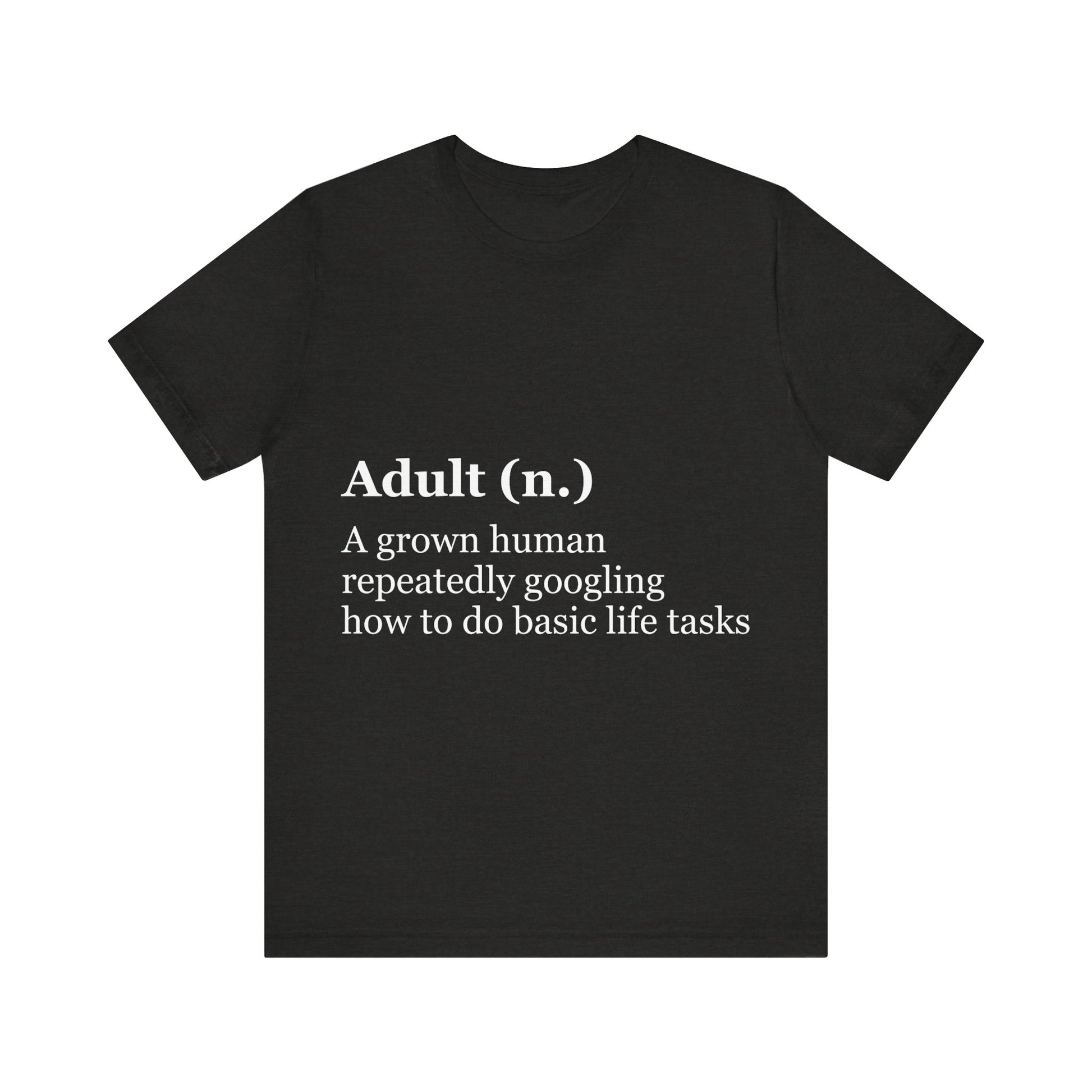 Black t-shirt with white text on a white background