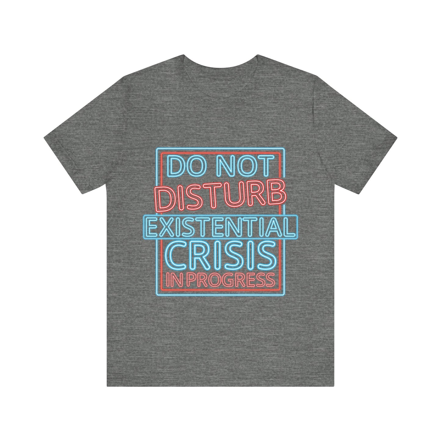 Gray t-shirt with colorful text design on a white background