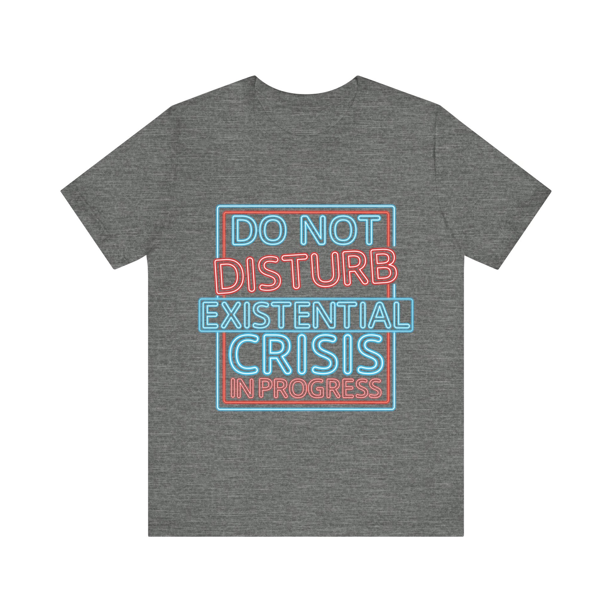 Gray t-shirt with colorful text design on a white background