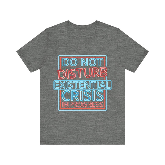 Gray t-shirt with colorful text design on a white background