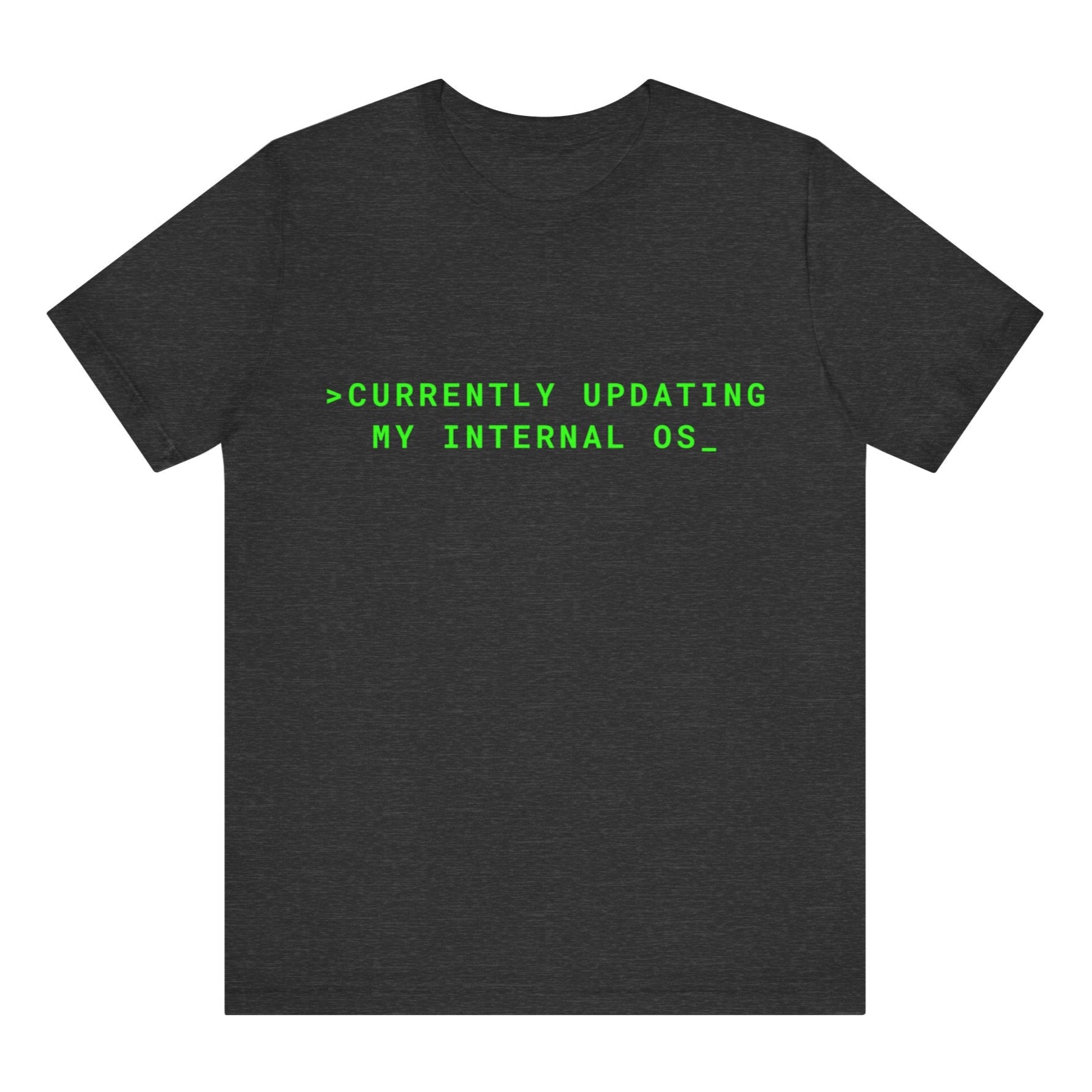 Black t-shirt with green text on a white background