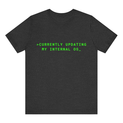 Black t-shirt with green text on a white background