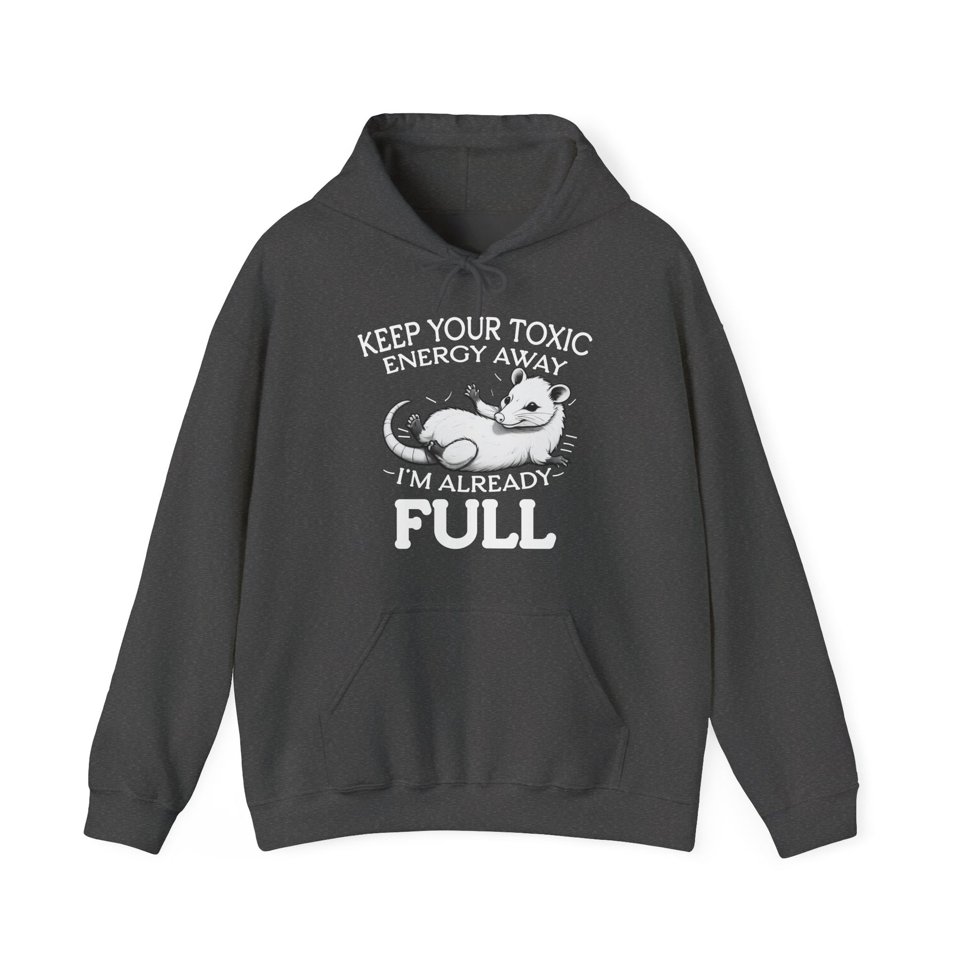 Dark gray hoodie with a graphic and text on a white background