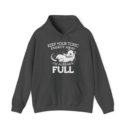 Dark gray hoodie with a graphic and text on a white background