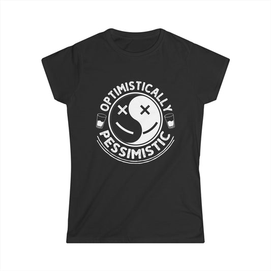 Black t-shirt with white graphic and text 'Optimistically Pessimistic' on a white background