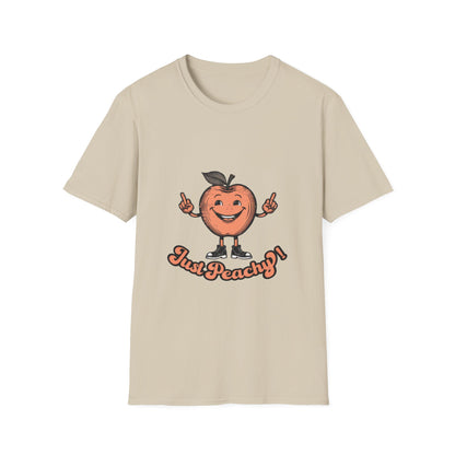 A blue men's crew neck t-shirt with the text 'Just Peachy' and an illustration of a peach with a face on it.