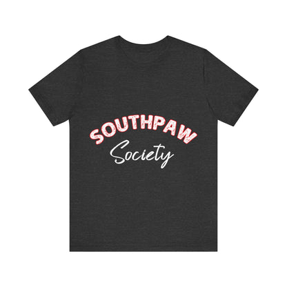 Black t-shirt with 'Southpaw Society' text on a white background