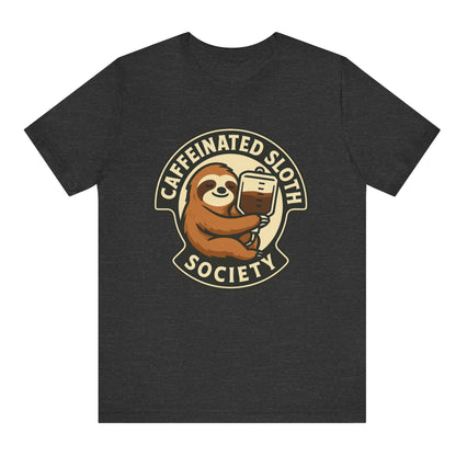 Black t-shirt with a sloth holding a coffee cup graphic and 'Caffeinated Sloth Society' text on a white background