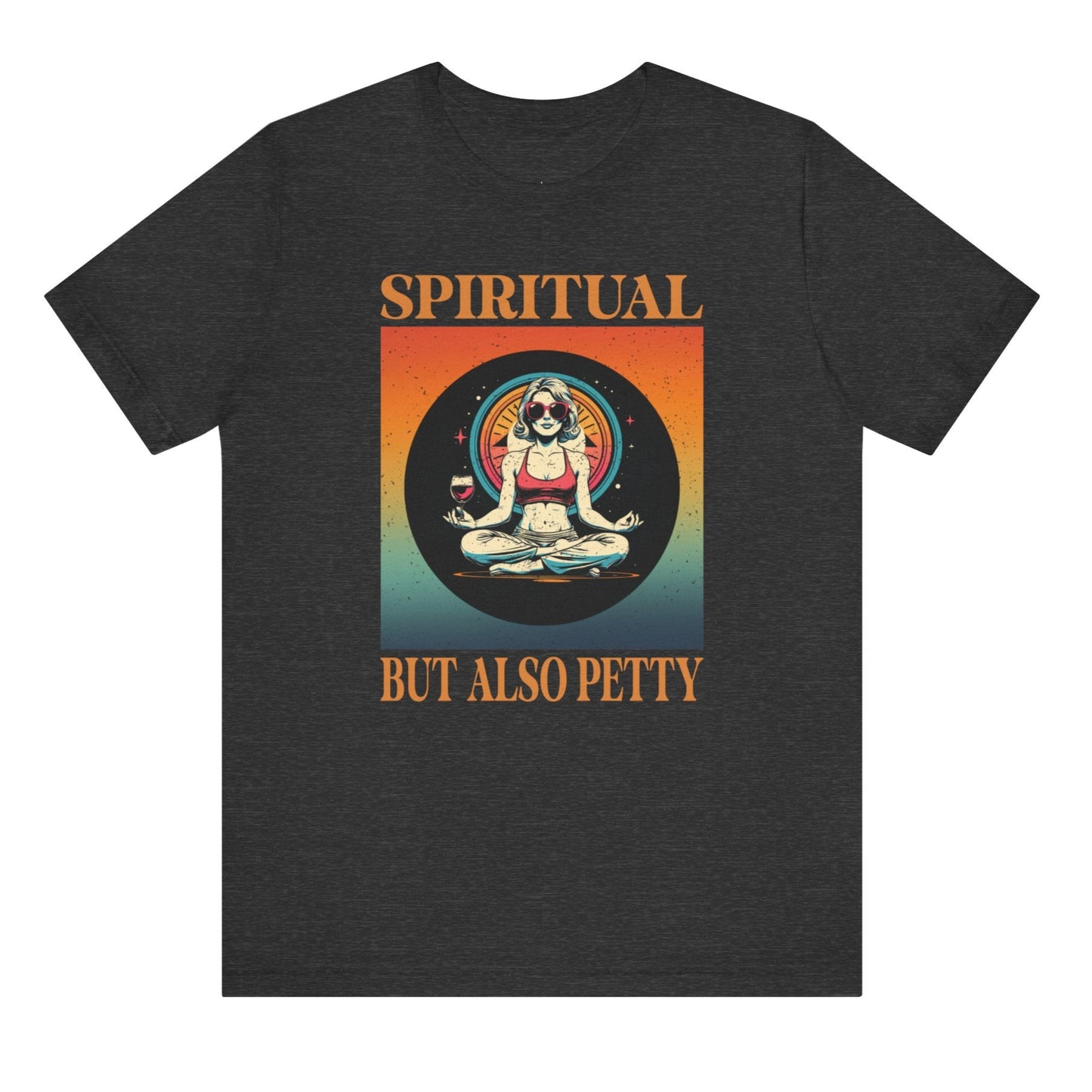 Black t-shirt with a graphic design and text 'Spirited but also petty' on a white background