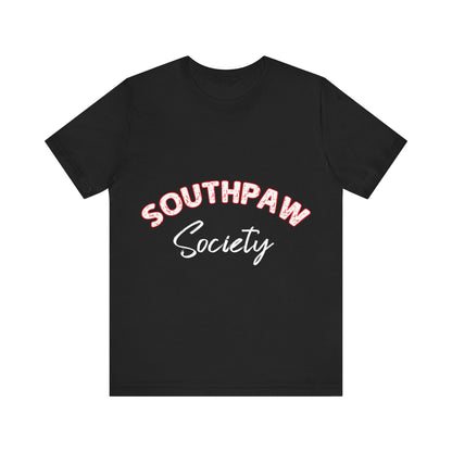 Black t-shirt with 'Southpaw Society' text on a white background
