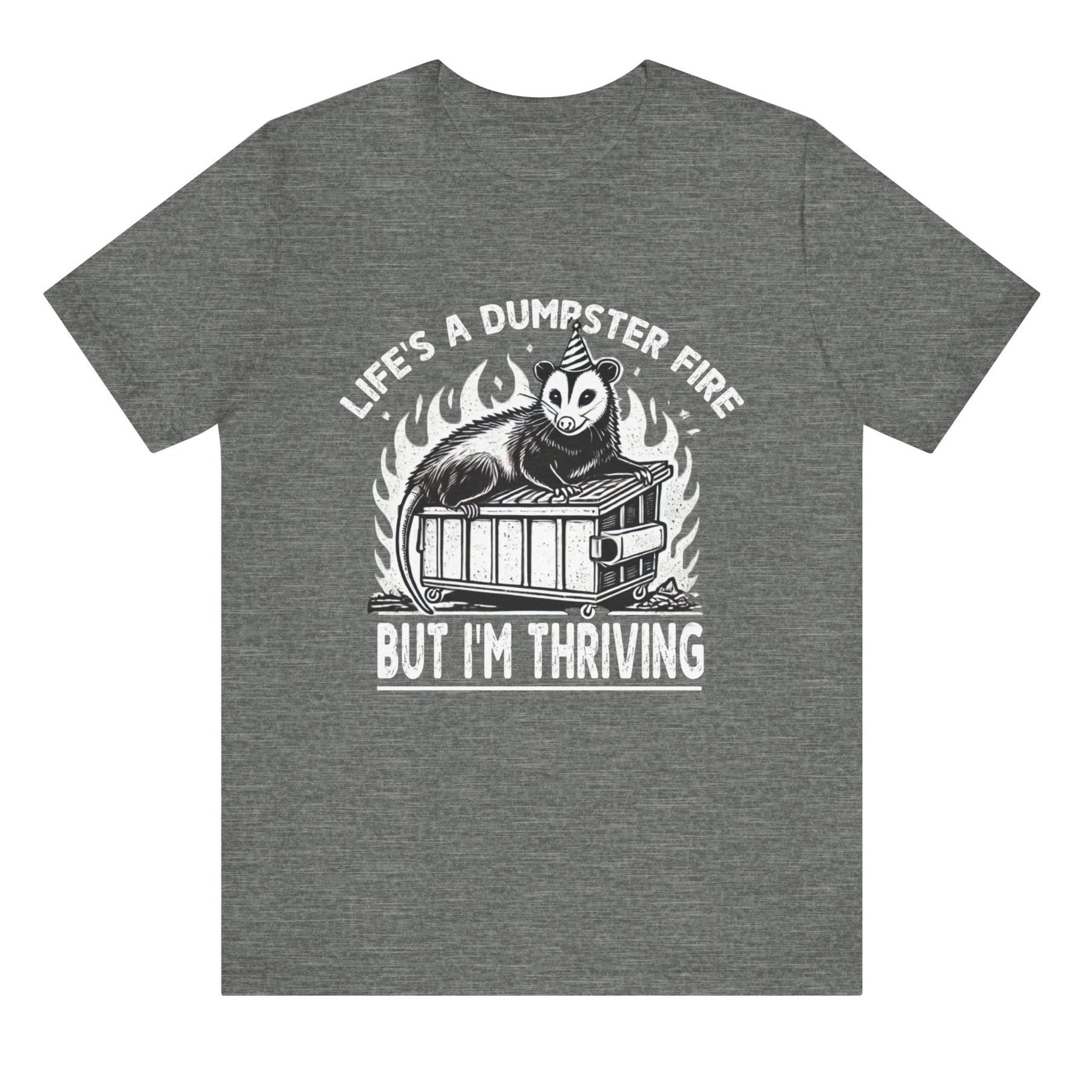 Gray t-shirt with a graphic design and text on a white background