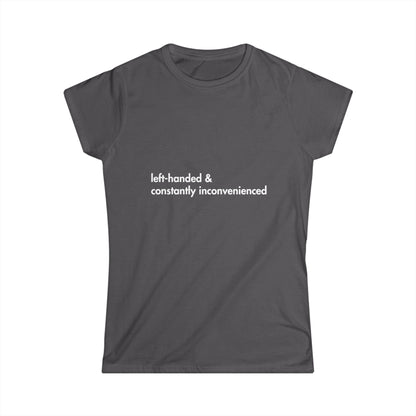 Dark gray t-shirt with white text on a white background