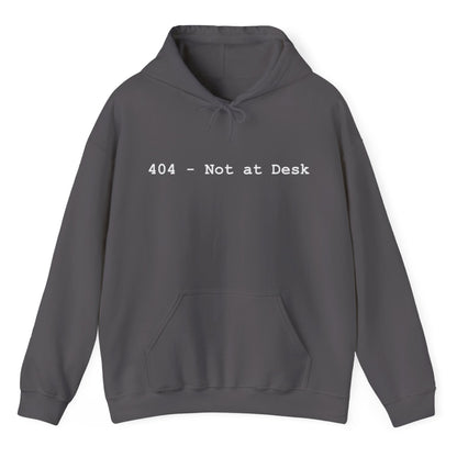 Gray hoodie with '404 - Not at Desk' text on a white background