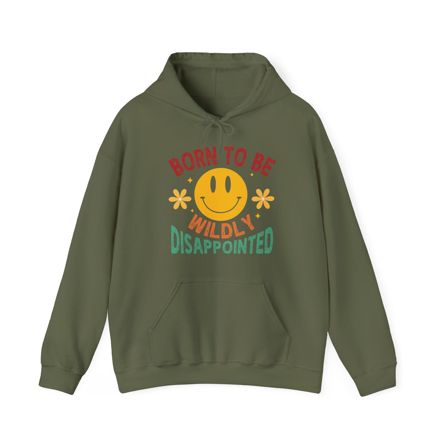 Green hoodie with a smiley face and text on a white background