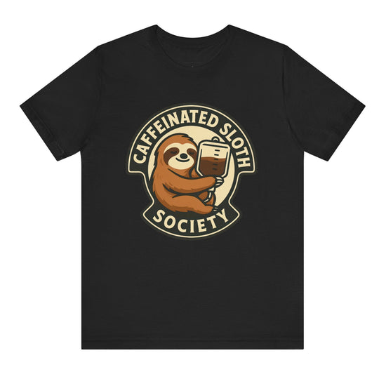 Black t-shirt with a sloth holding a coffee cup graphic and 'Caffeinated Sloth Society' text on a white background.