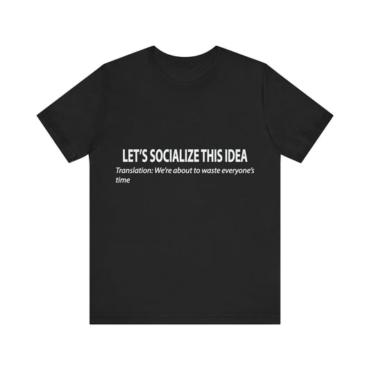 Black t-shirt with white text on a white background