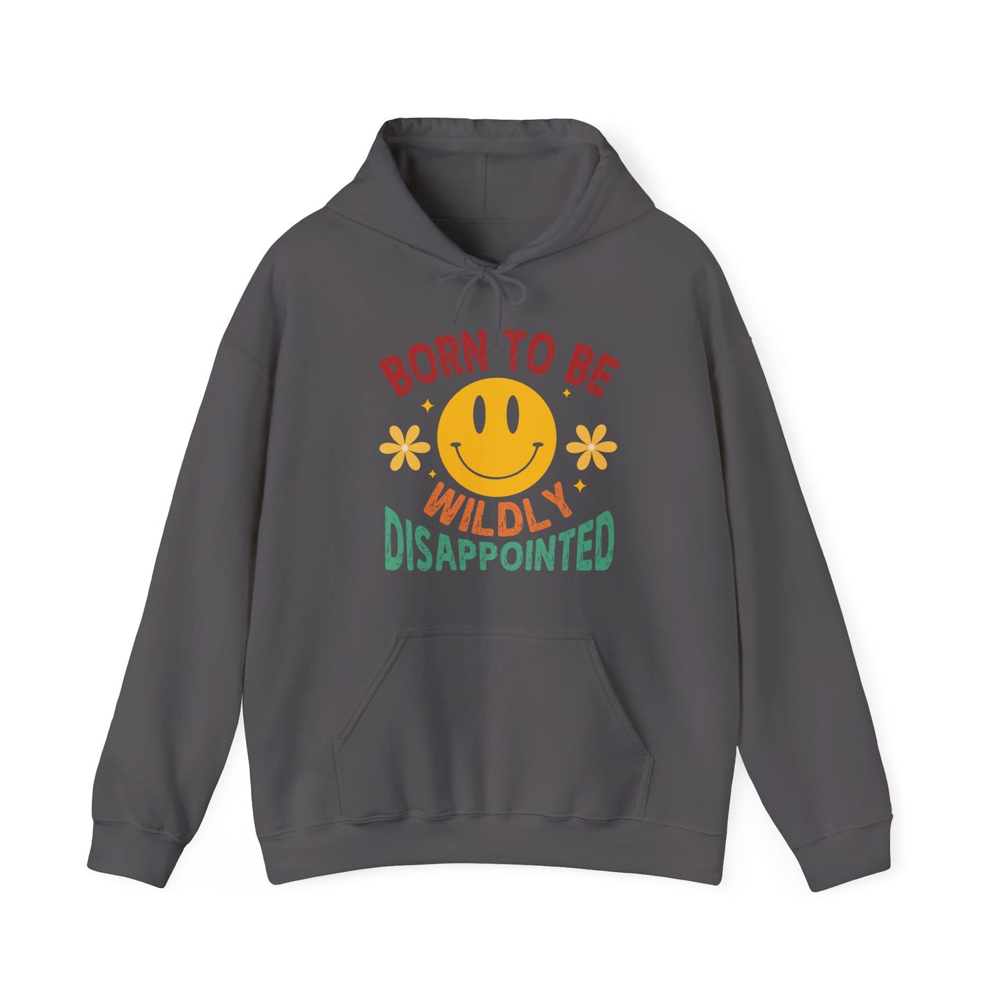 Gray hoodie with a smiley face and text design on a white background