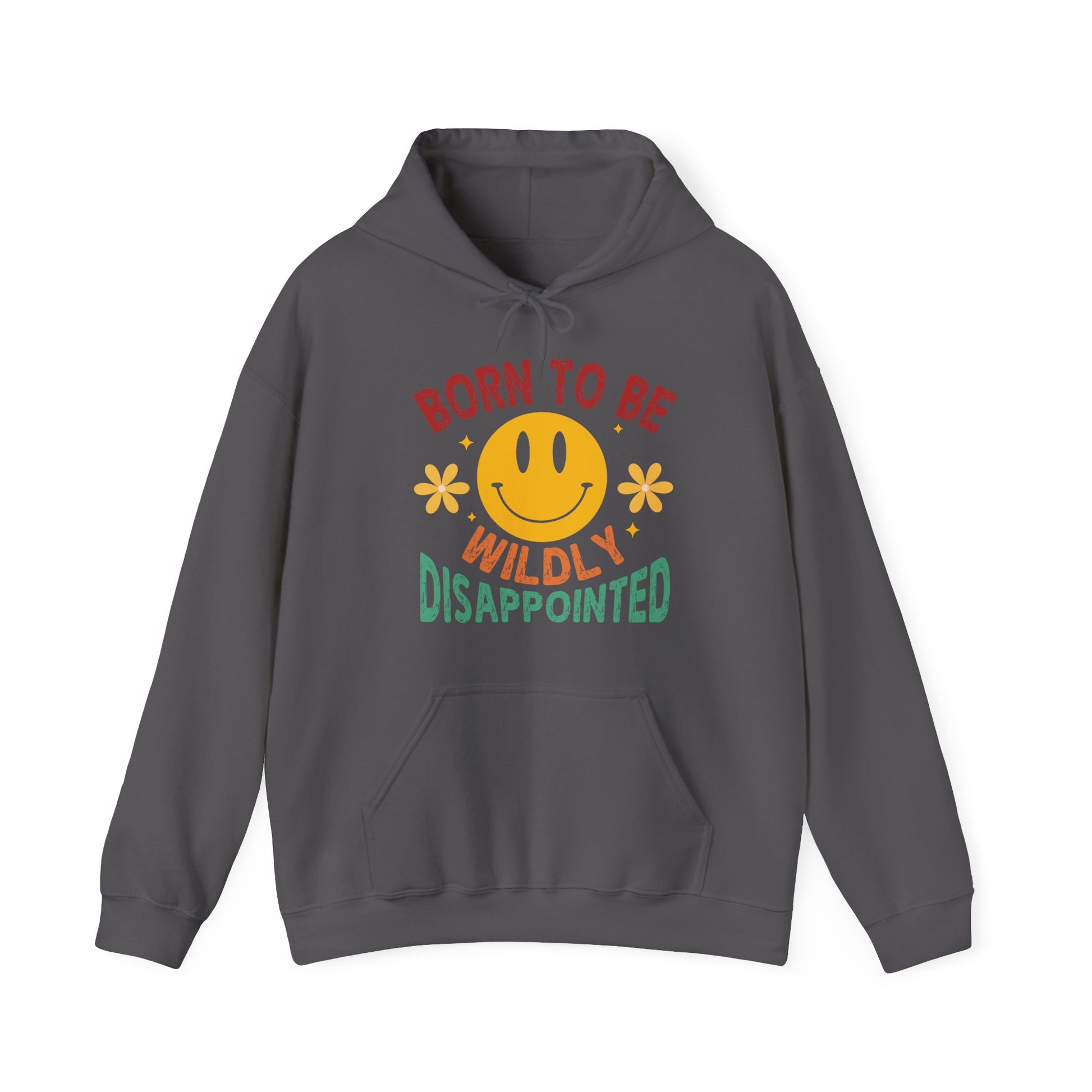 Gray hoodie with a smiley face and text design on a white background