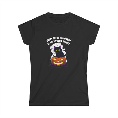 Black t-shirt with Halloween graphic of a cat and pumpkin, text 'Every day is Halloween if you're weird enough'.
