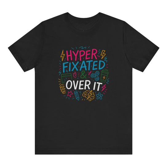 Black t-shirt with colorful text design on a white background