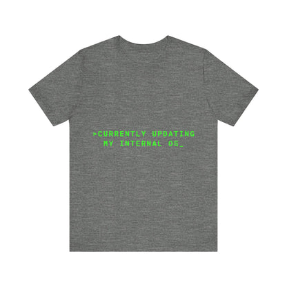 Gray t-shirt with green text on a white background