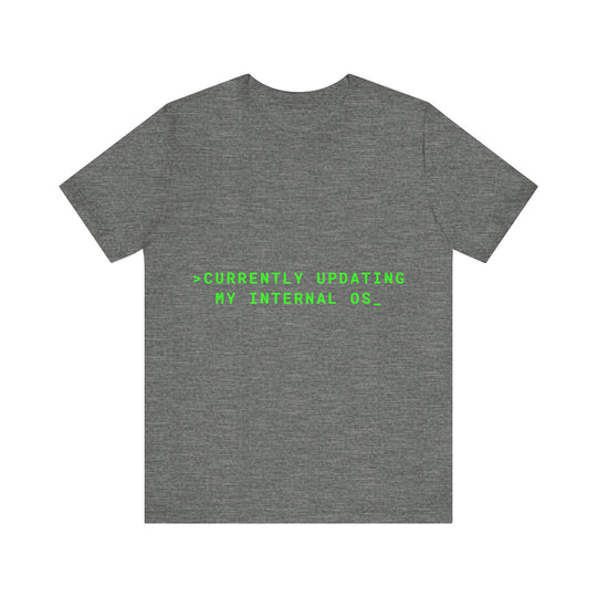 Gray t-shirt with green text on a white background