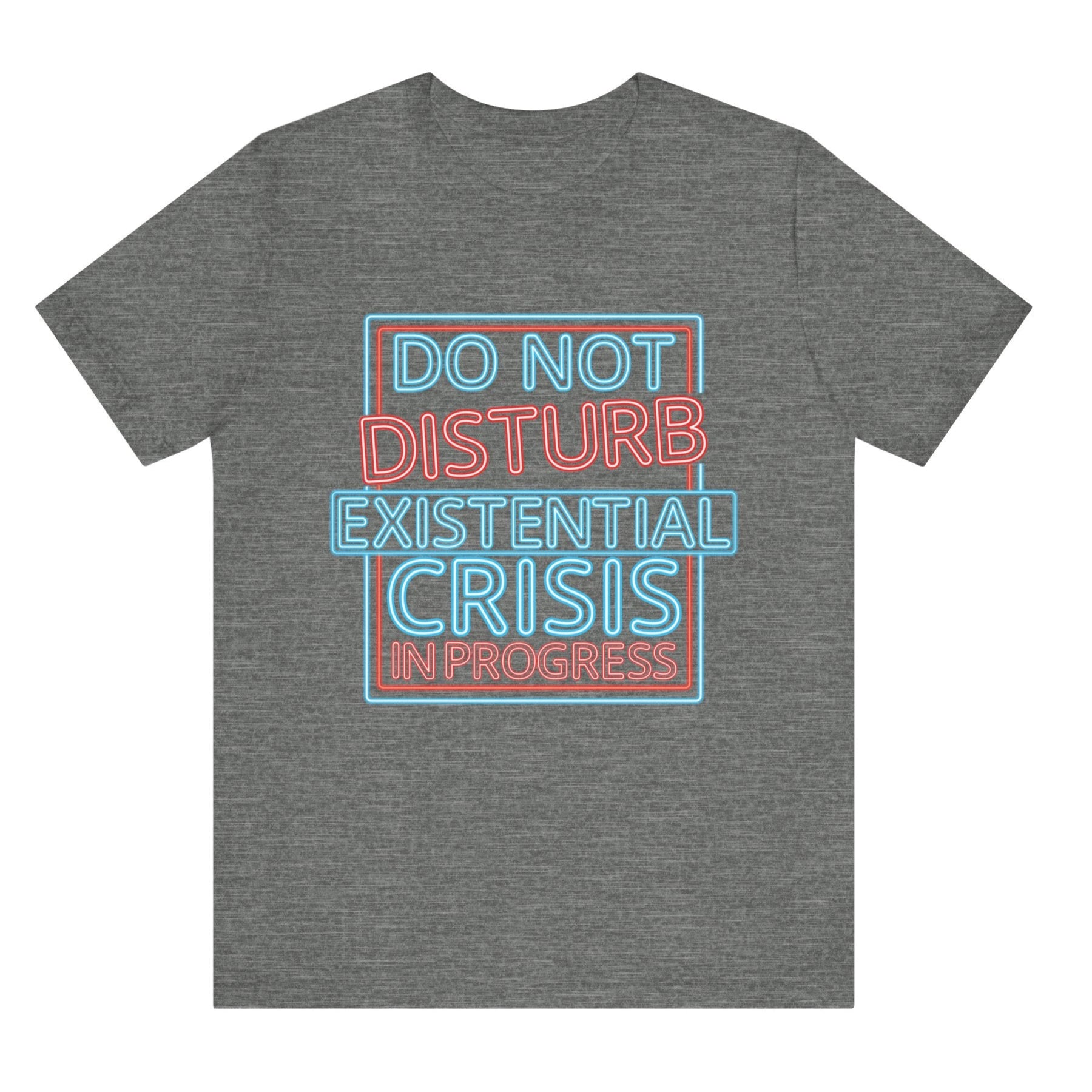 Gray t-shirt with colorful text design on a white background