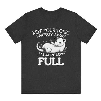Black t-shirt with white graphic and text on a white background