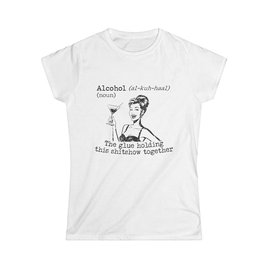 White t-shirt with black graphic and text on a white background