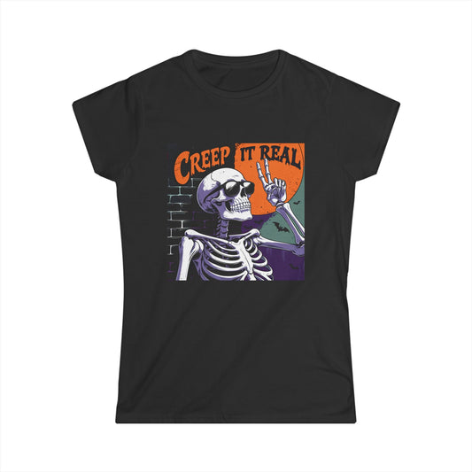 Black t-shirt with a skeleton graphic and 'Creep It Real' text on a white background
