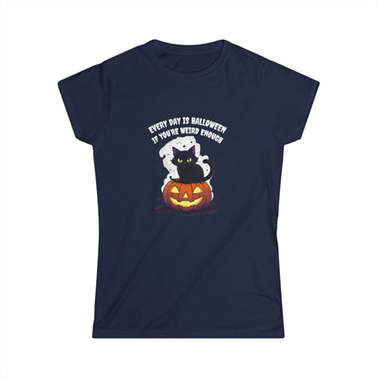 Navy blue t-shirt with Halloween-themed graphic and text on a white background