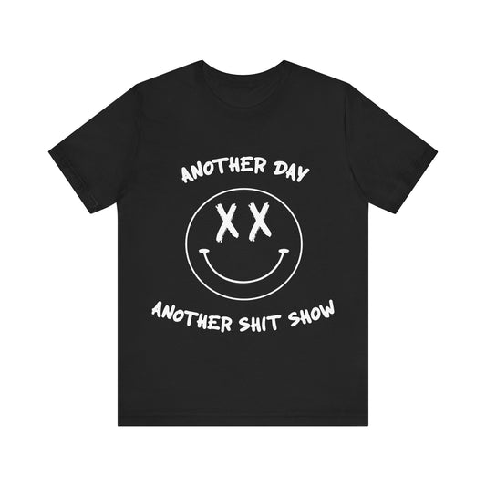 Black t-shirt with white graphic and text on a white background