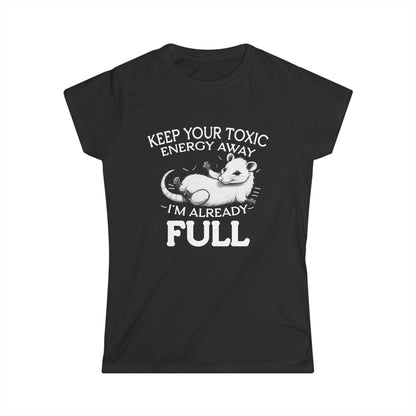 Black t-shirt with white graphic and text on a white background