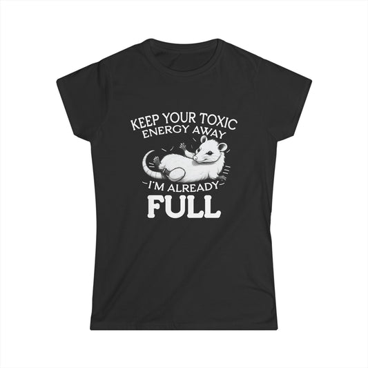 Black t-shirt with white graphic and text on a white background