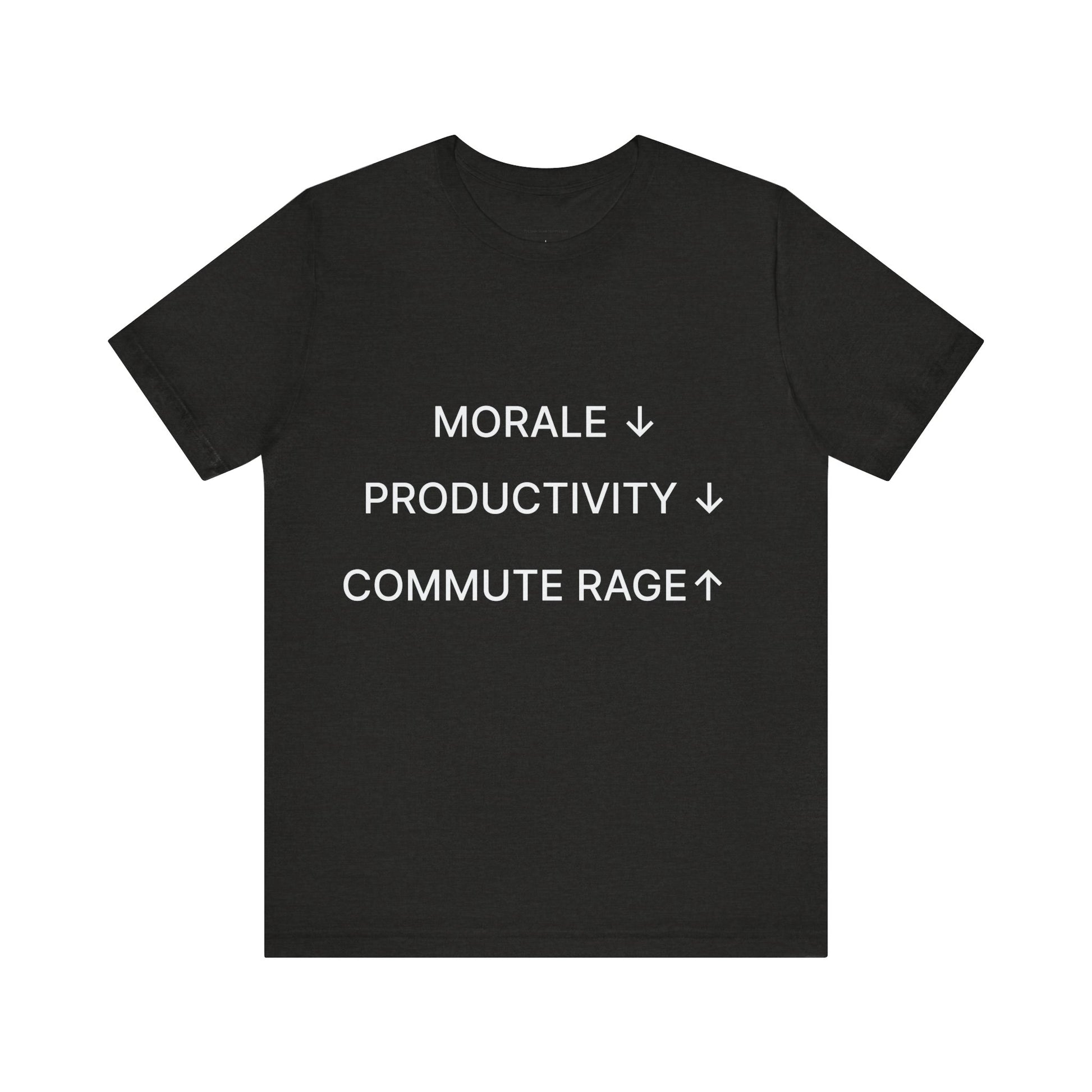 Black t-shirt with white text on a white background