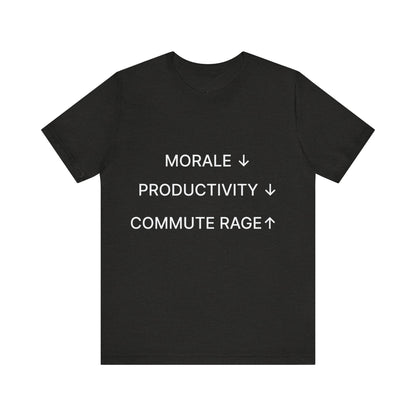 Black t-shirt with white text on a white background