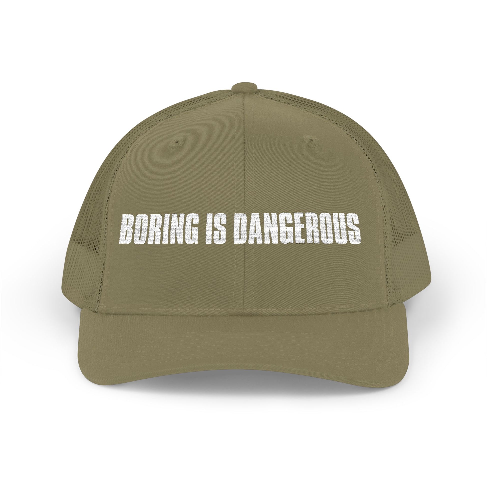 Khaki cap with 'Boring is Dangerous' text on a white background