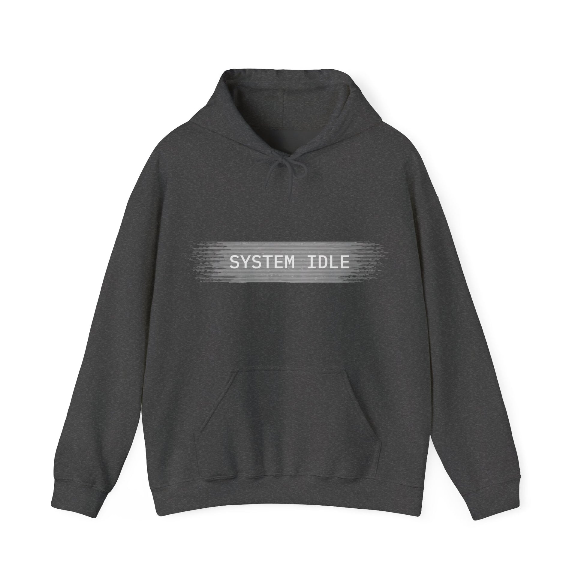 Dark gray hoodie with 'SYSTEM IDLE' text on a white background