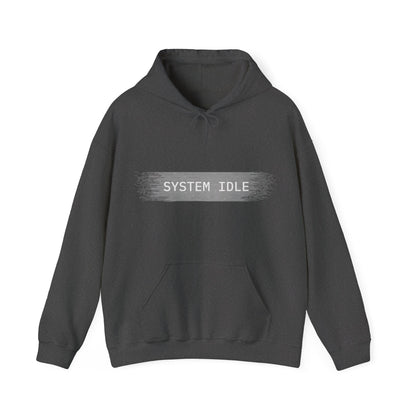Dark gray hoodie with 'SYSTEM IDLE' text on a white background