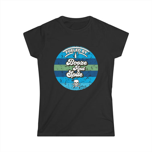 Black t-shirt with a colorful graphic design on a white background