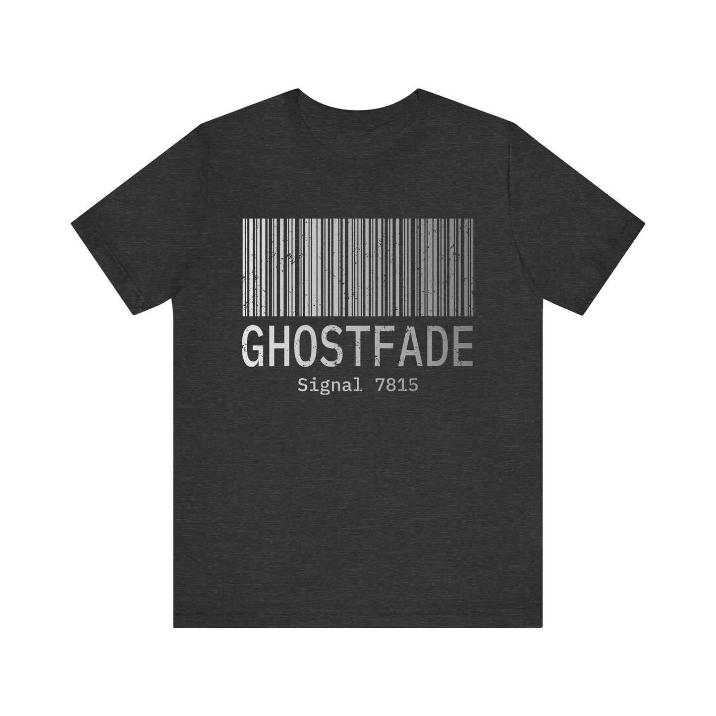 Grey t-shirt with a barcode design and 'GHOSTFADE' text on a white background