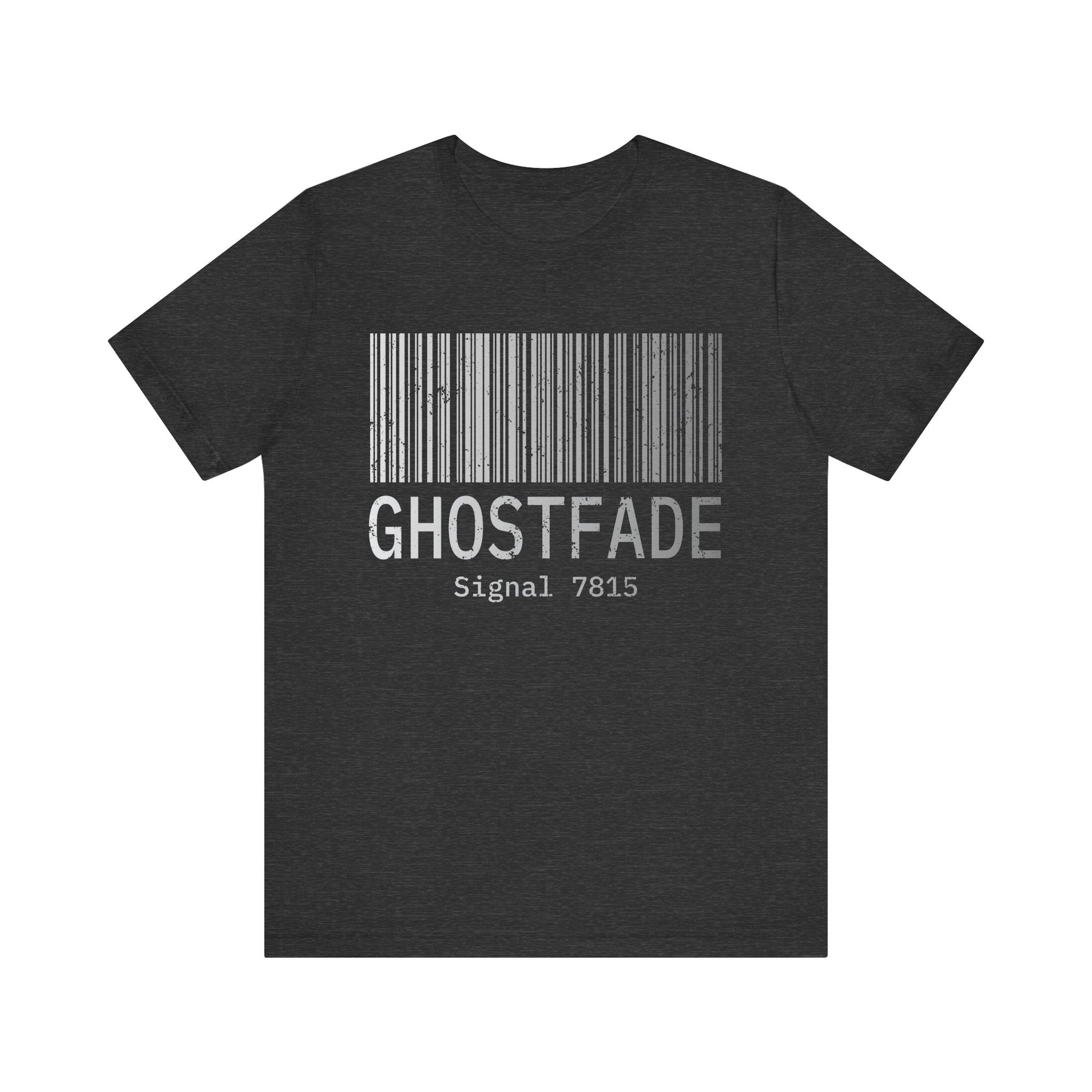Grey t-shirt with a barcode design and 'GHOSTFADE' text on a white background