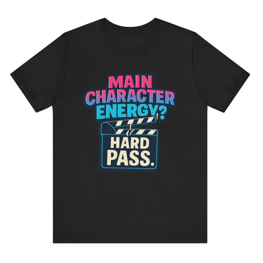 Black t-shirt with colorful text design on a white background