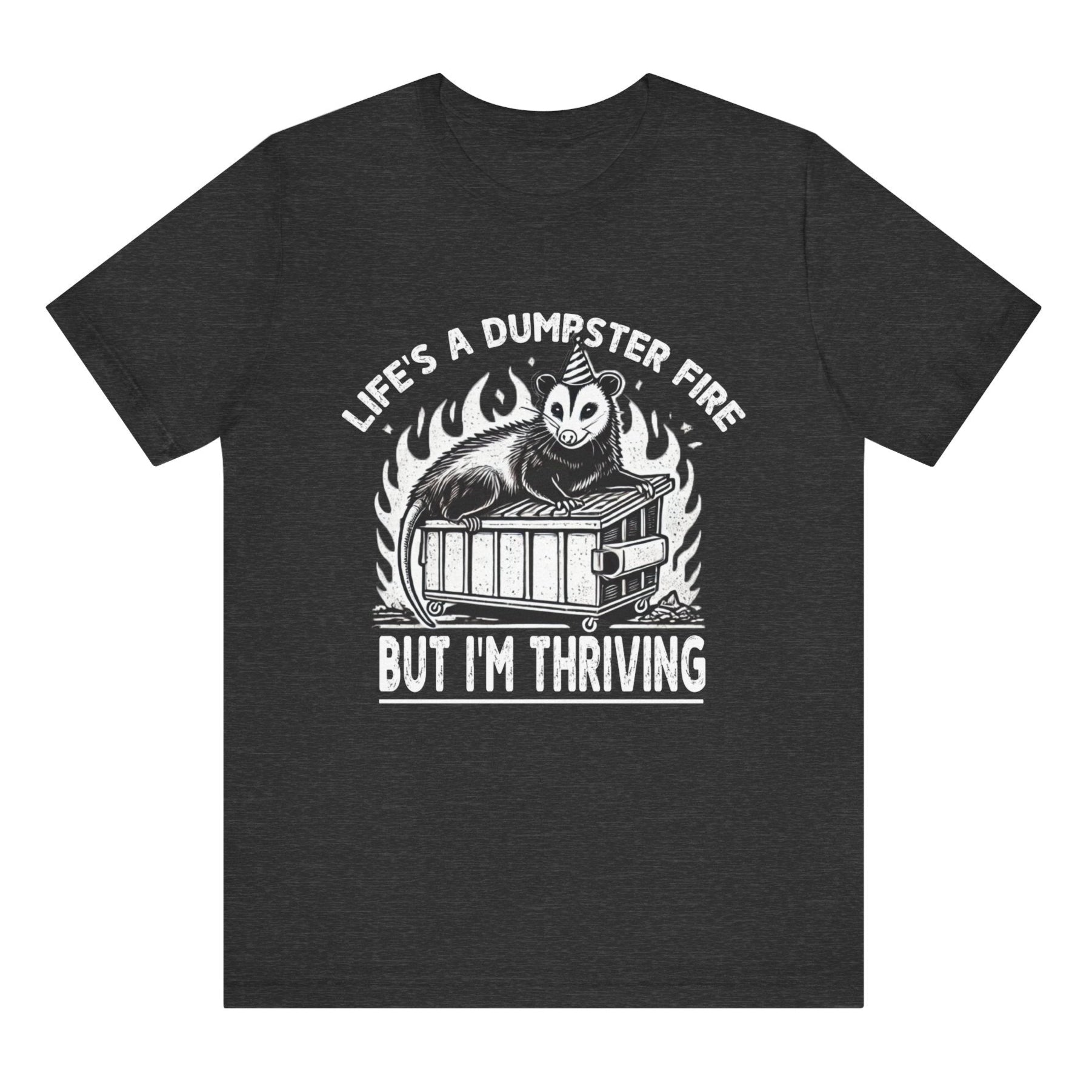 Black t-shirt with graphic design and text on a white background
