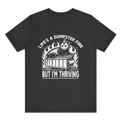 Black t-shirt with graphic design and text on a white background