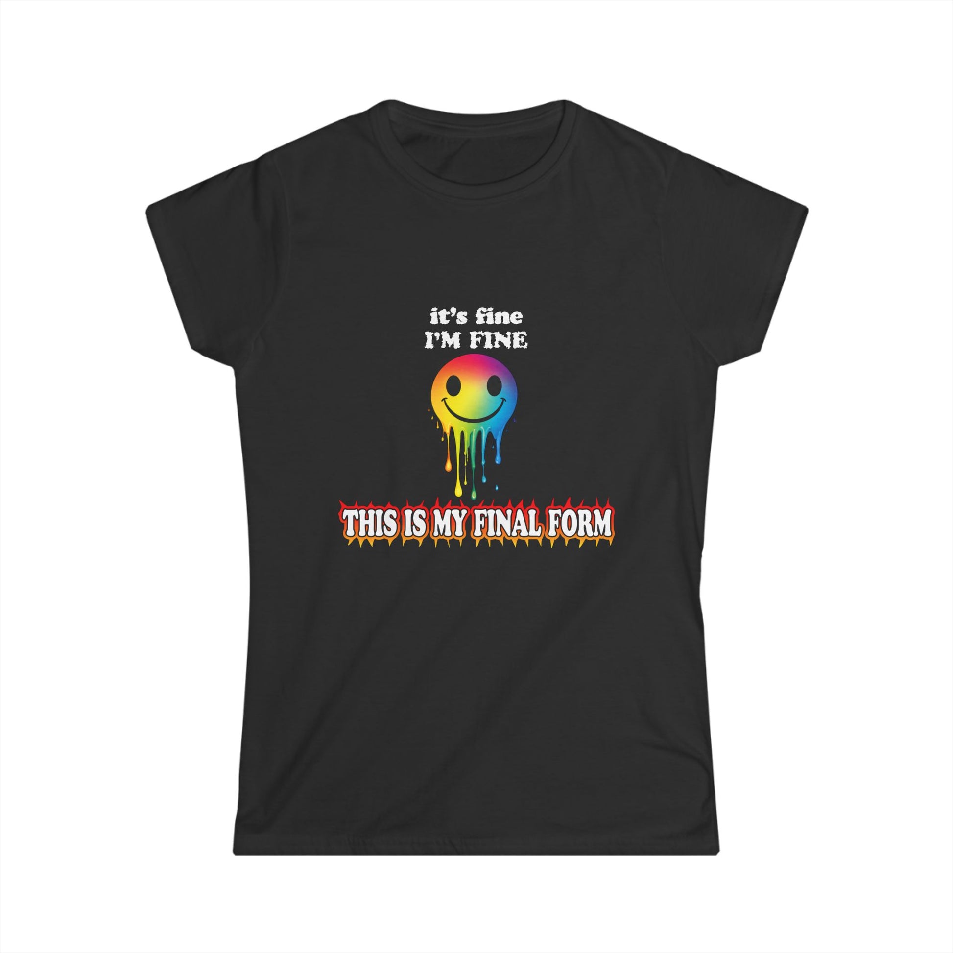 Black t-shirt with colorful smiley face graphic and text on a white background