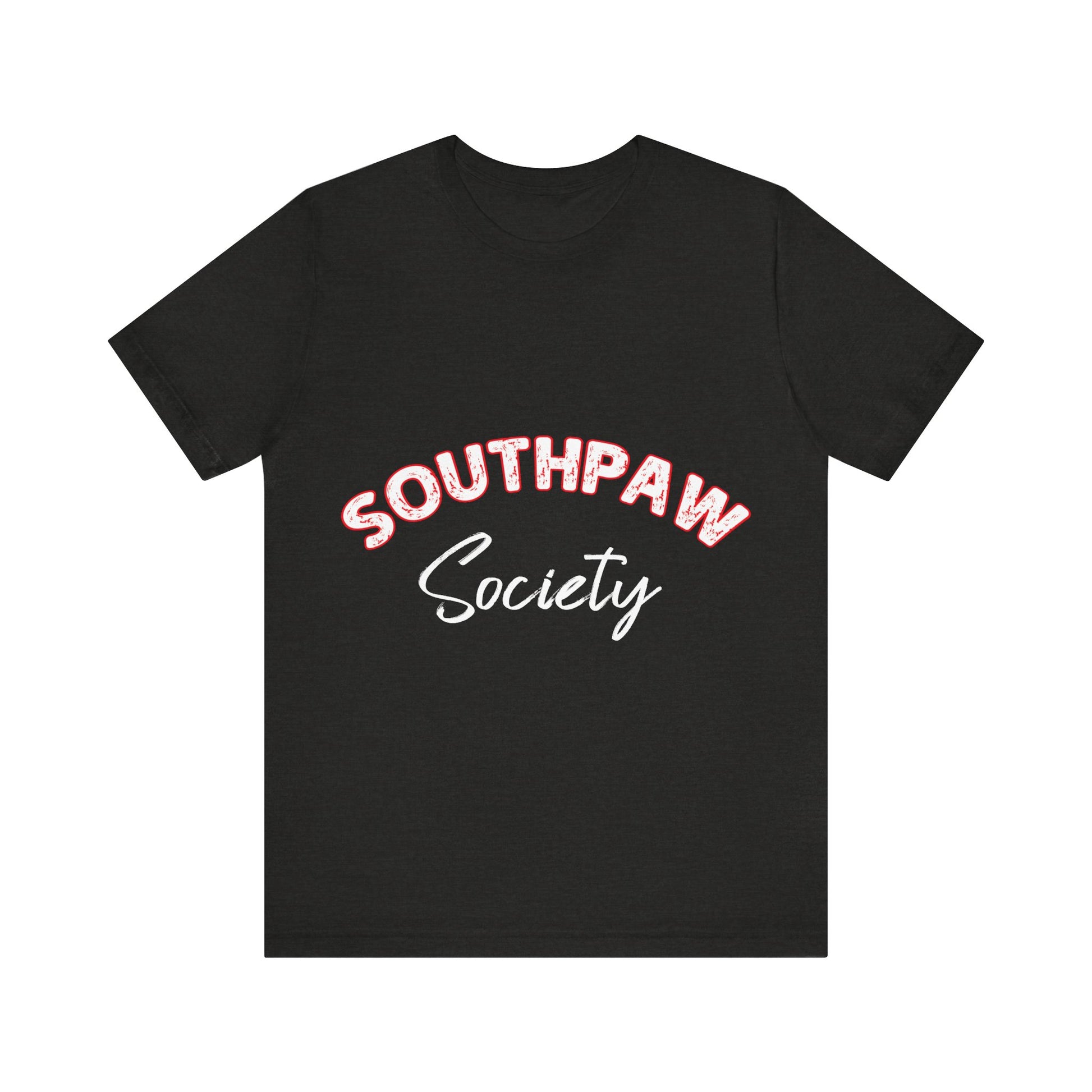 Black t-shirt with 'Southpaw Society' text on a white background