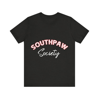 Black t-shirt with 'Southpaw Society' text on a white background